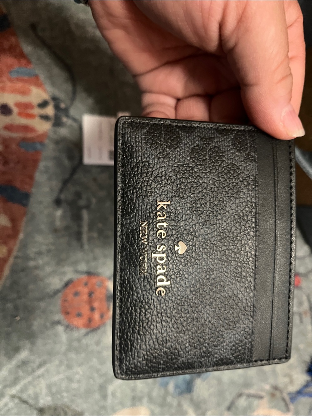 kate spade Black Pebbled Leather Card Holder with Gold Logo